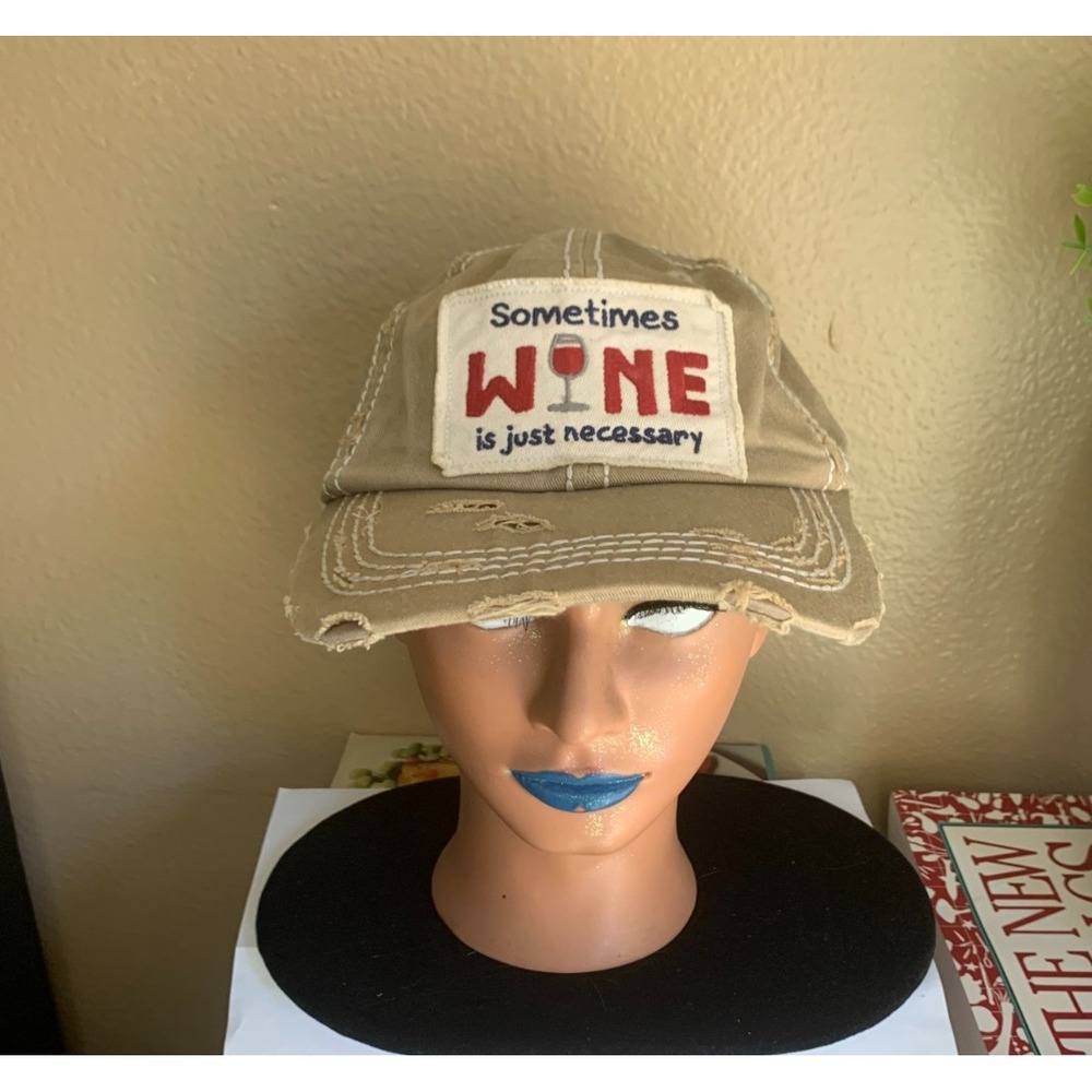Women's KBETHOS Vintage Tan Hat Distressed "Sometimes Wine is Necessary"